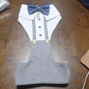 Gray and White Pet Tuxedo with Blue Bow Tie Size M